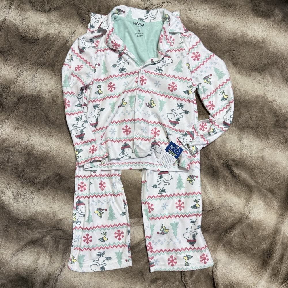 Peanuts Snoopy Holiday Christmas Fair Isle Fleece 2-Piece Pajama‎ Set Size 8
